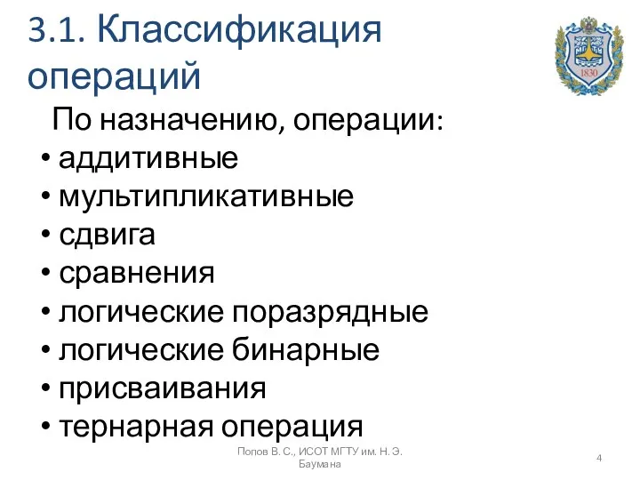 3.1. Классификация операций По назначению, операции: аддитивные мультипликативные сдвига сравнения логические