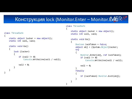 Конструкция lock (Monitor.Enter – Monitor.Exit) class ThreadSafe { static object locker