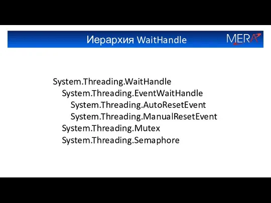 Иерархия WaitHandle System.Threading.WaitHandle System.Threading.EventWaitHandle System.Threading.AutoResetEvent System.Threading.ManualResetEvent System.Threading.Mutex System.Threading.Semaphore