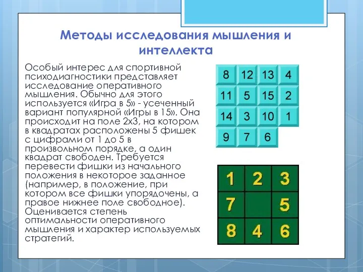 Методы исследования мышления и интеллекта Особый интерес для спортивной психодиагностики представляет