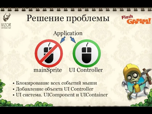 Решение проблемы Application mainSprite UI Controller Блокирование всех событий мыши Добавление