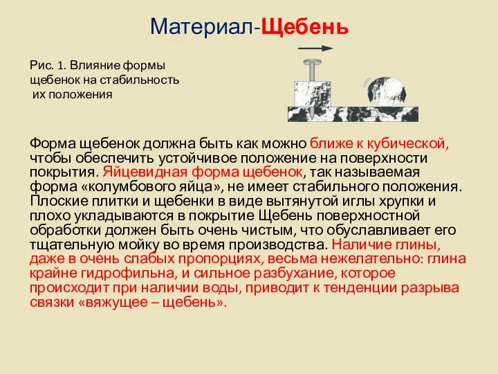 Материал-Щебень Рис. 1. Влияние формы щебенок на стабильность их положения Форма