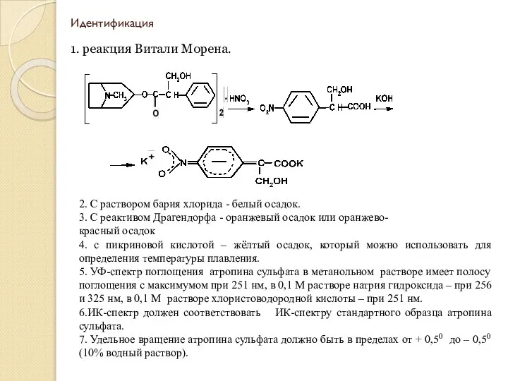 Идентификация 1. реакция Витали Морена. 2. С раствором бария хлорида -