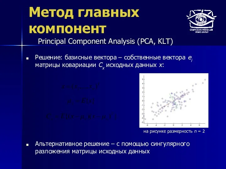 Метод главных компонент Решение: базисные вектора – собственные вектора ei матрицы