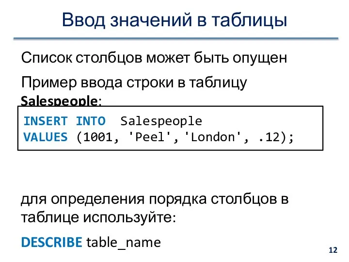 Ввод значений в таблицы Список столбцов может быть опущен Пример ввода