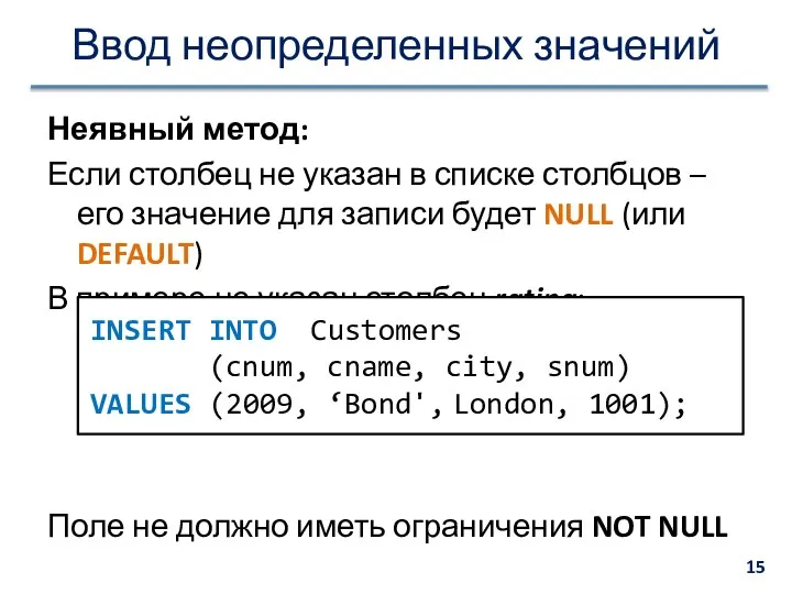 Ввод неопределенных значений Неявный метод: Если столбец не указан в списке