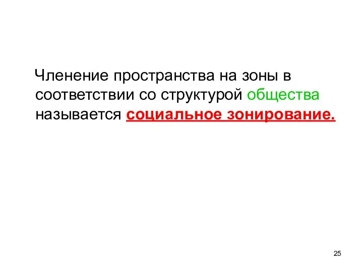 Членение пространства на зоны в соответствии со структурой общества называется социальное зонирование.