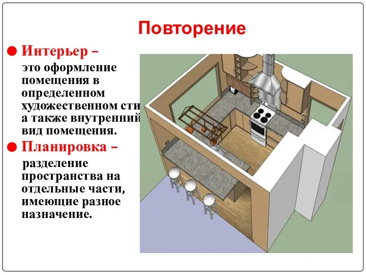 Повторение Интерьер – это оформление помещения в определенном художественном стиле, а