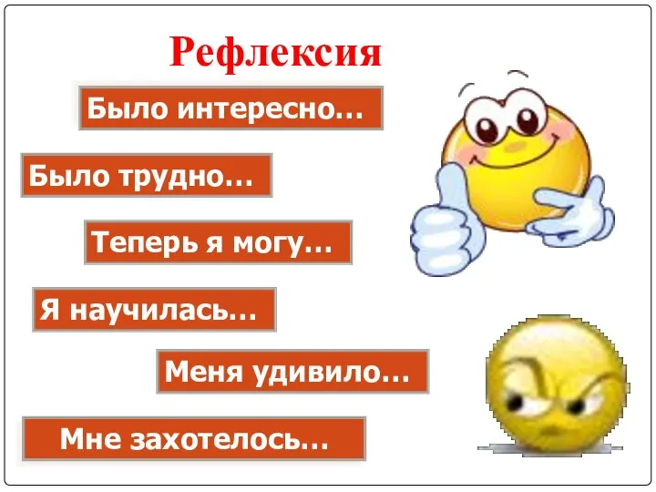 Рефлексия Было интересно… Было трудно… Теперь я могу… Я научилась… Меня удивило… Мне захотелось…