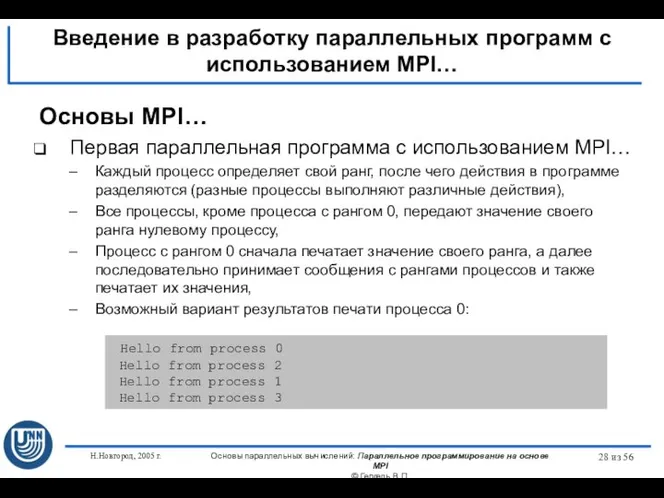 Н.Новгород, 2005 г. Основы параллельных вычислений: Параллельное программирование на основе MPI