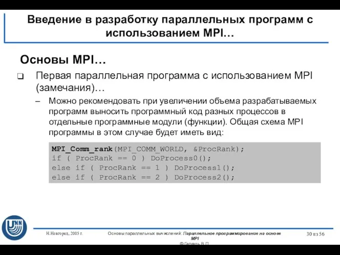 Н.Новгород, 2005 г. Основы параллельных вычислений: Параллельное программирование на основе MPI