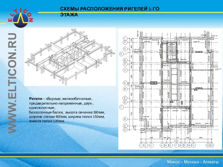 СХЕМЫ РАСПОЛОЖЕНИЯ РИГЕЛЕЙ 1-ГО ЭТАЖА Ригели – сборные, железобетонные, предварительно-напряженные, двух-,