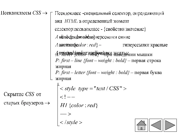 A: hover {color : red} – при наведении мышки P: first