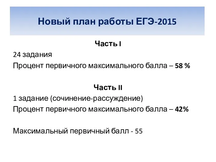 Часть I 24 задания Процент первичного максимального балла – 58 %