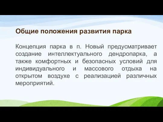 Общие положения развития парка Концепция парка в п. Новый предусматривает создание