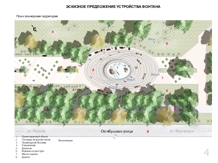 ЭСКИЗНОЕ ПРЕДЛОЖЕНИЕ УСТРОЙСТВА ФОНТАНА 4 Проектируемый объект Площадь вокруг фонтана Пешеходный
