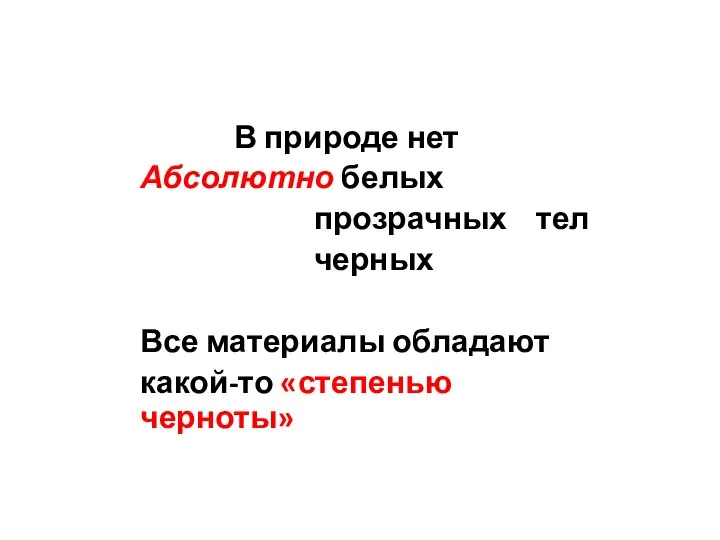 В природе нет Абсолютно белых прозрачных тел черных Все материалы обладают какой-то «степенью черноты»