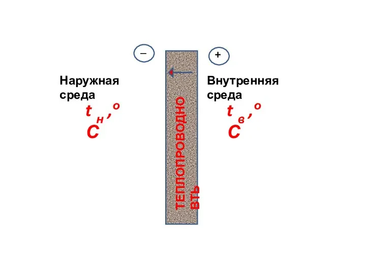 + _ t в ,о С t н ,о С Наружная среда Внутренняя среда ТЕПЛОПРОВОДНОВТЬ