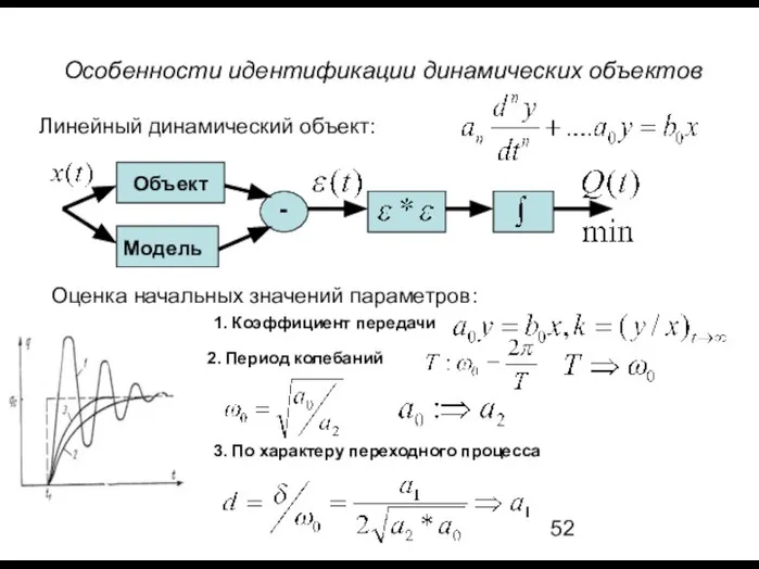 Особенности идентификации динамических объектов Линейный динамический объект: Оценка начальных значений параметров: