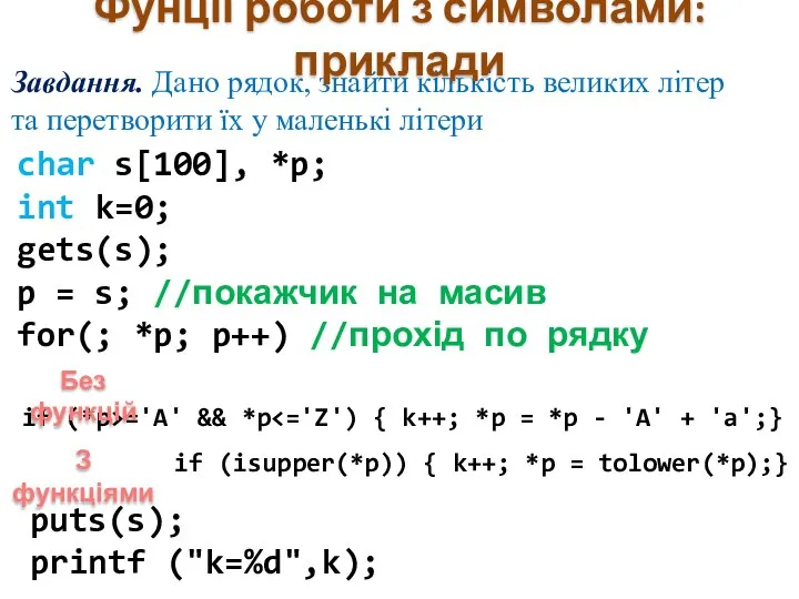 if (*p>='A' && *p if (isupper(*p)) { k++; *p = tolower(*p);}