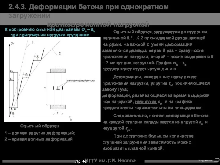 МГТУ им. Г.И. Носова 2.4.3. Деформации бетона при однократном загружении кратковременной