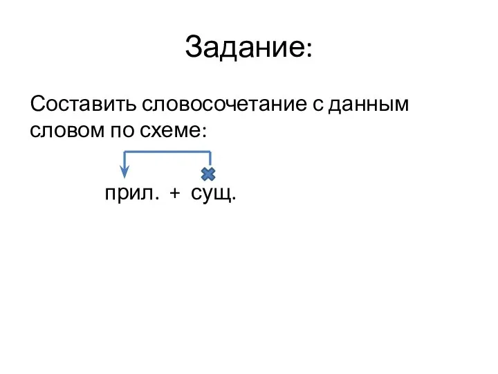 Задание: Составить словосочетание с данным словом по схеме: прил. + сущ.