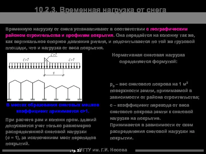 МГТУ им. Г.И. Носова 10.2.3. Временная нагрузка от снега Временную нагрузку