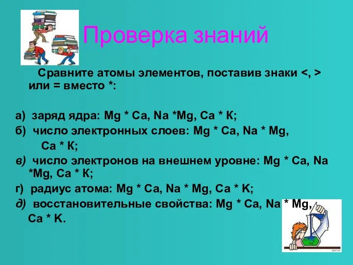 Проверка знаний Сравните атомы элементов, поставив знаки или = вместо *: