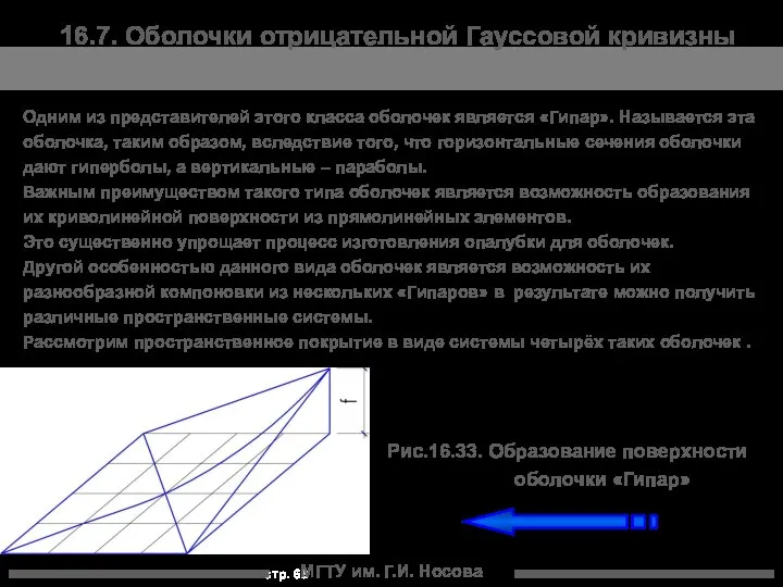 МГТУ им. Г.И. Носова 16.7. Оболочки отрицательной Гауссовой кривизны Одним из