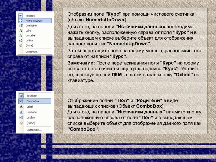 Отобразим поле "Курс" при помощи числового счетчика (объект NumericUpDown). Для этого,