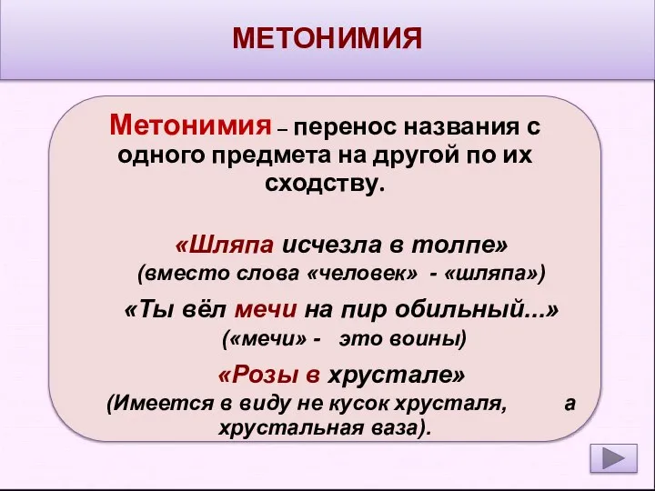 МЕТОНИМИЯ Метонимия – перенос названия с одного предмета на другой по