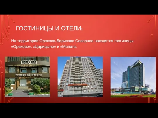 ГОСТИНИЦЫ И ОТЕЛИ: На территории Орехово-Борисово Северное находятся гостиницы «Орехово», «Царицыно» и «Милан».