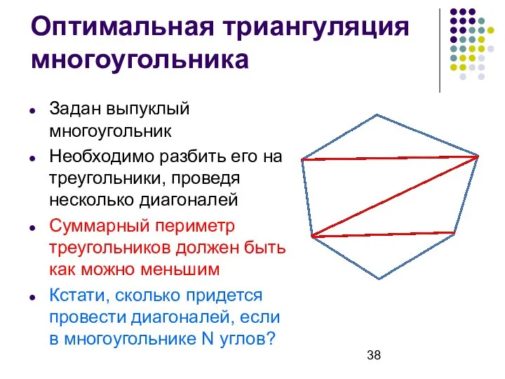 Оптимальная триангуляция многоугольника Задан выпуклый многоугольник Необходимо разбить его на треугольники,