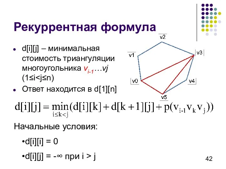 Рекуррентная формула d[i][j] – минимальная стоимость триангуляции многоугольника vi-1…vj (1≤i Ответ