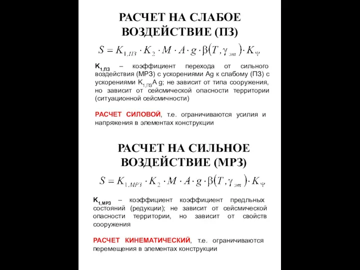 РАСЧЕТ НА СЛАБОЕ ВОЗДЕЙСТВИЕ (ПЗ) K1,ПЗ – коэффициент перехода от сильного