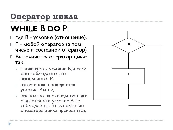 Оператор цикла WHILE B DO P; где B - условие (отношение),