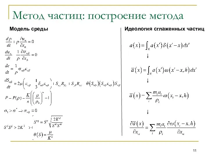 Метод частиц: построение метода Идеология сглаженных частиц Модель среды