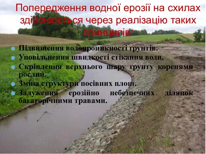 Підвищення водопроникності ґрунтів. Уповільнення швидкості стікання води. Скріплення верхнього шару ґрунту