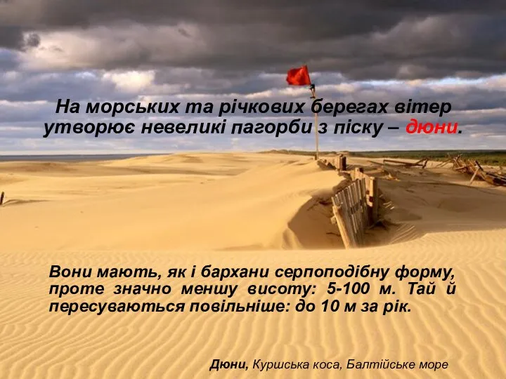 На морських та річкових берегах вітер утворює невеликі пагорби з піску