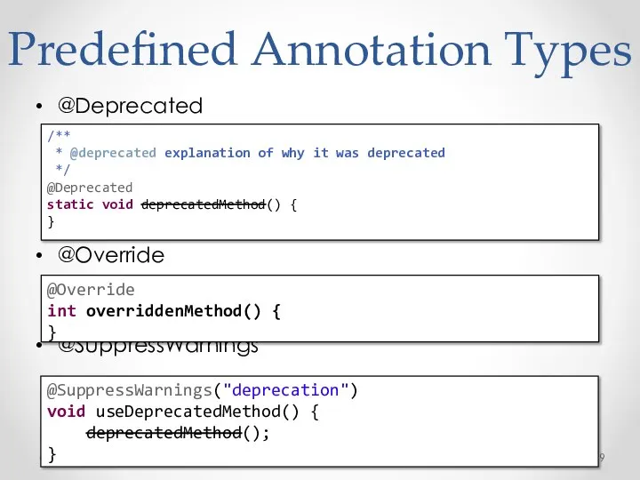 Predefined Annotation Types @Deprecated @Override @SuppressWarnings /** * @deprecated explanation of