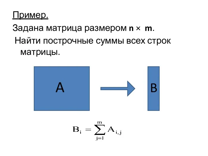 Пример. Задана матрица размером n × m. Найти построчные суммы всех строк матрицы. A B