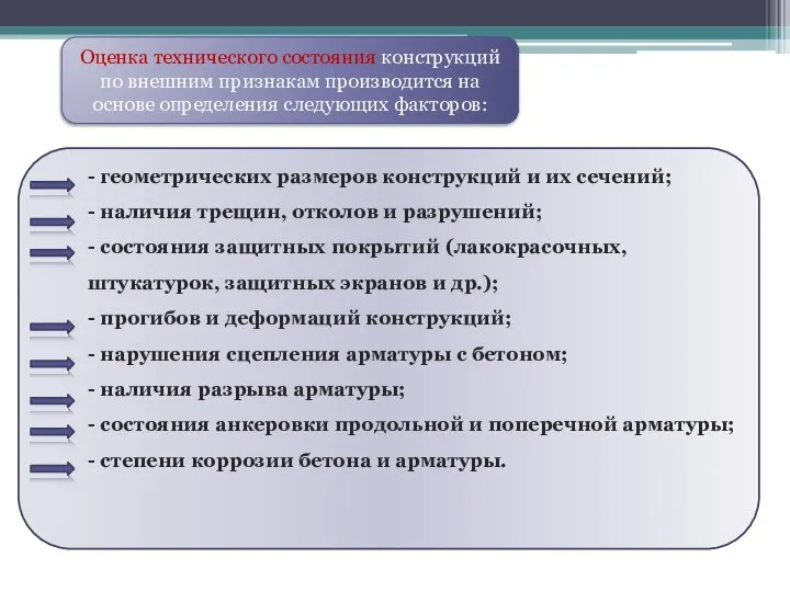 Оценка технического состояния конструкций по внешним признакам производится на основе определения