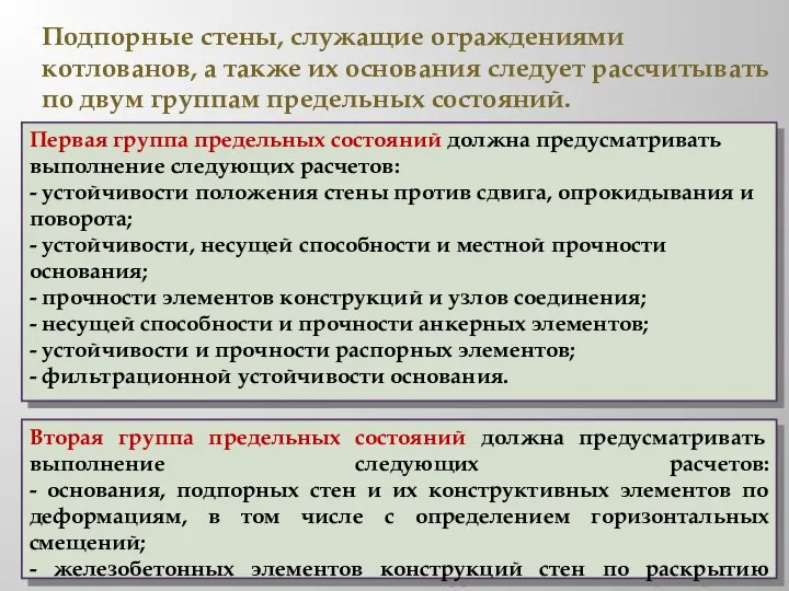 Подпорные стены, служащие ограждениями котлованов, а также их основания следует рассчитывать