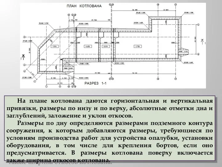 На плане котлована даются горизонтальная и вертикальная привязки, размеры по низу