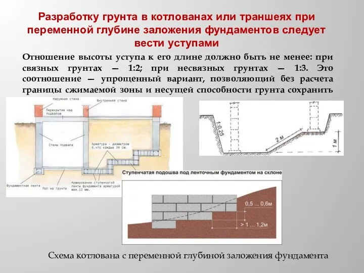 Разработку грунта в котлованах или траншеях при переменной глубине заложения фундаментов