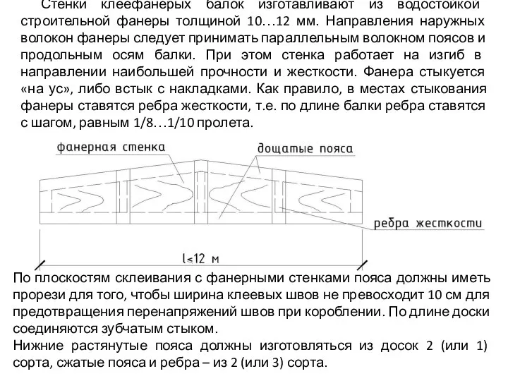 Стенки клеефанерых балок изготавливают из водостойкой строительной фанеры толщиной 10…12 мм.