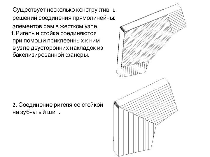 Существует несколько конструктивных решений соединения прямолинейных элементов рам в жестком узле.