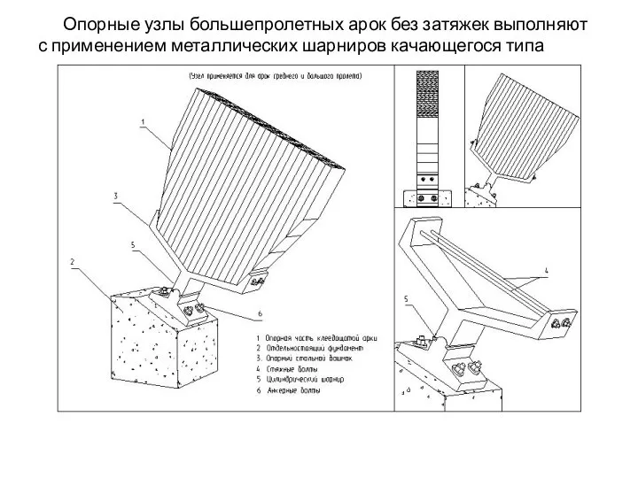 Опорные узлы большепролетных арок без затяжек выполняют с применением металлических шарниров качающегося типа