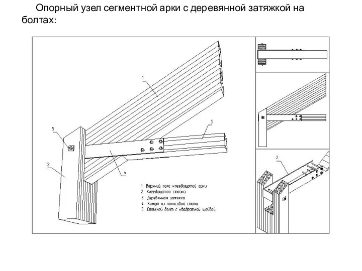 Опорный узел сегментной арки с деревянной затяжкой на болтах: