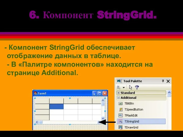 Компонент StringGrid обеспечивает отображение данных в таблице. - В «Палитре компонентов»